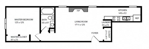 Floor plan for 1 bed, 1 bath, 476 sqft